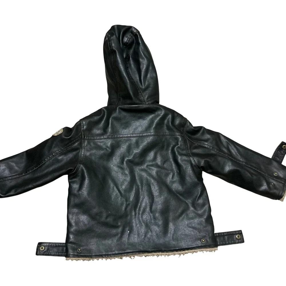 Hawke & Co Kids Black Faux Leather Sherpa Lined Hooded Jacket 3T 21042400 - Picture 4 of 5